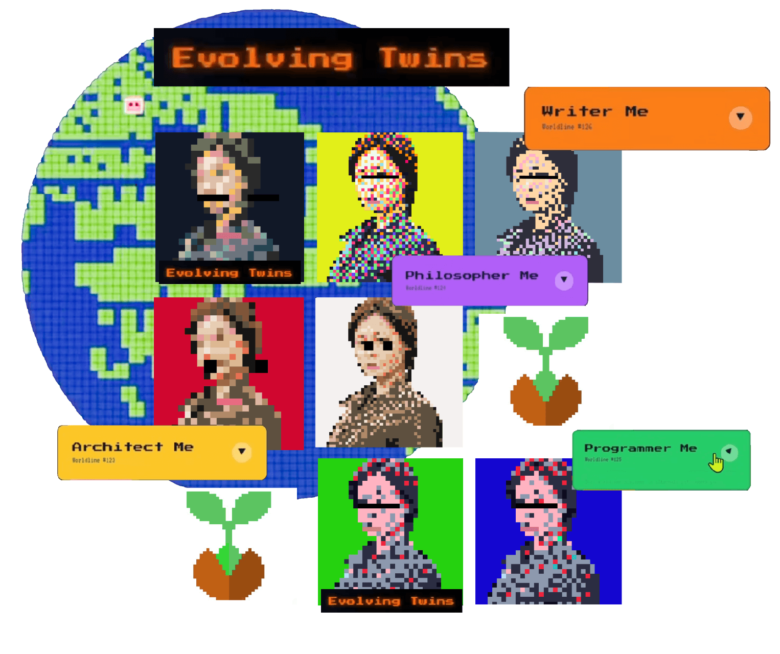Evolving Twins - Different versions of digital avatars showing Writer Me, Philosopher Me, Architect Me, and Programmer Me
